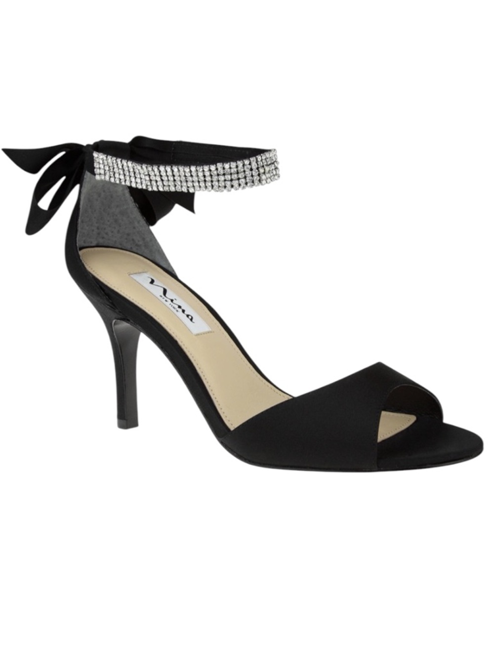 Nina Black Satin Rhinestone Strap Bow Tie Back Heels Size 8 1/2 - Picture 5 of 11